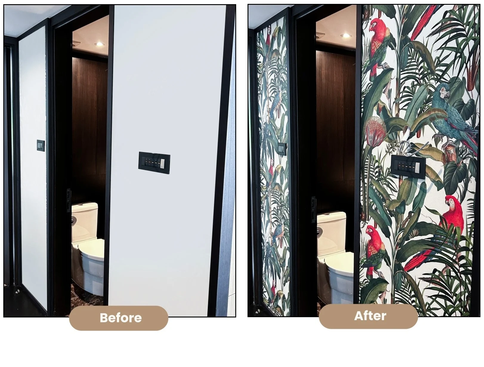 Plain bathroom door transformed with tropical wallpaper